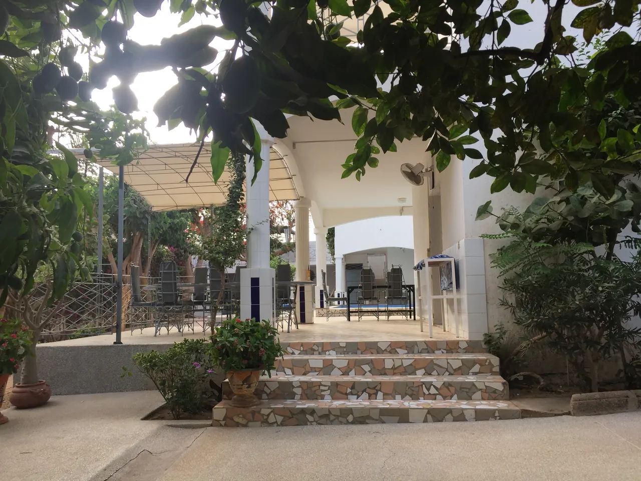 Terrasse couverte et escalier en pierre